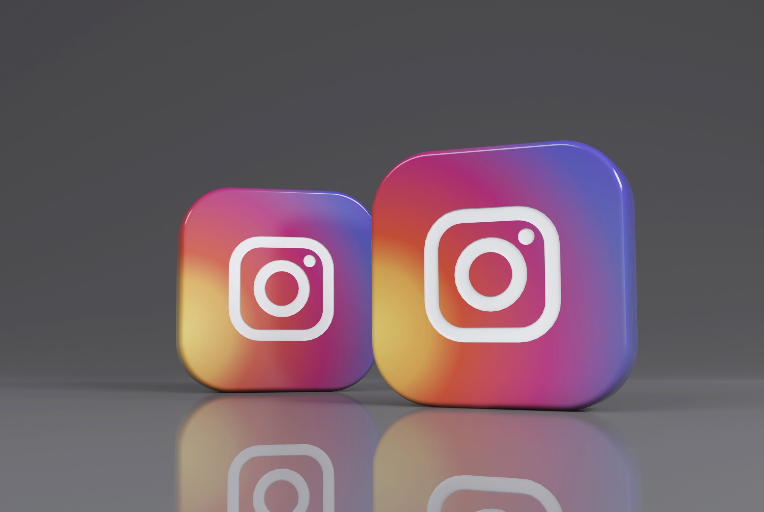 Buenos Aires, Argentina - May 29, 2023: 3d rendering of two square badges with the Instagram icon on gray background